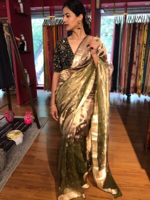 Ombre Green Tissue Silk Saree for plus size women at Mirra Clothing