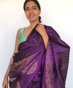 Purple Kanjivaram Saree with Gold Zari Stripes and Woven Border