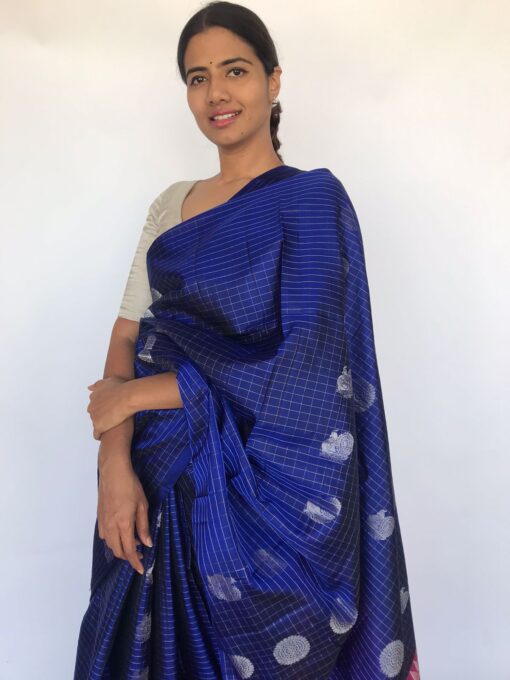 Royal blue kanjeevaram Saree with Silver Zari Checks