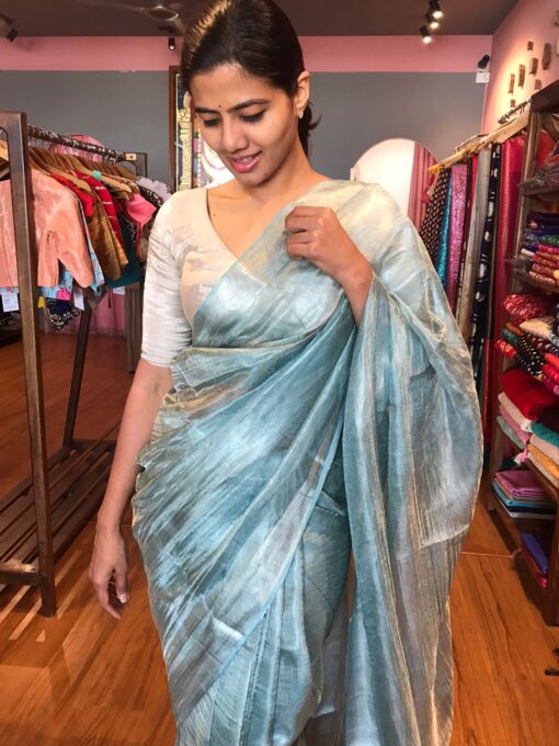 Pure Pale Turquoise Tussar Tissue Silk Saree