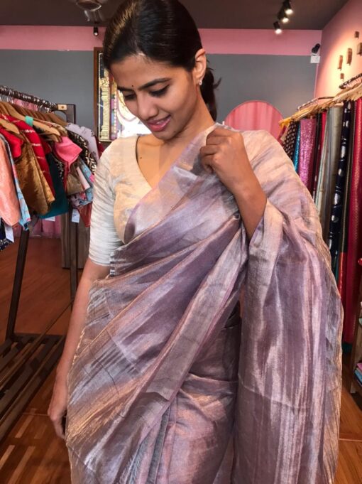 Handwoven Pure Lilac Tussar Tissue Silk Saree