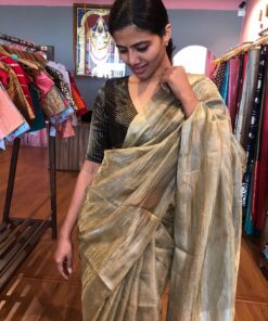 Olive Green Tussar Tissue Silk Saree