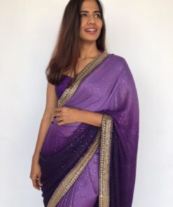 Ombre Purple Georgette Sequin Saree with Hand Embroidered Border