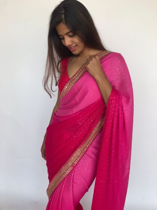 Ombre Pink Georgette Sequin Saree with Hand Embroidery Border