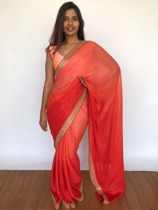 Ombre Peach Georgette Sequin Saree with Hand Embroidery Border