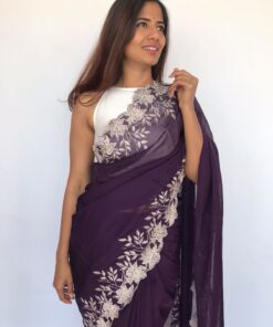 Dark Purple Organza Saree adorned with Scalloped Edging