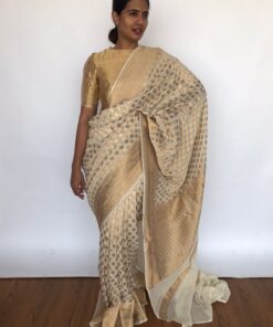 Ivory Banarasi Georgette Saree with Golden Zari