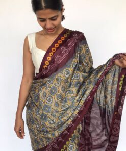 Beige Printed Satin Saree