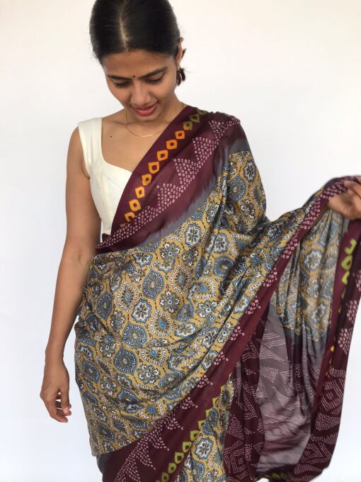 Beige Printed Satin Saree