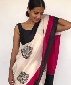 Ivory Block Hand Painted Pure Silk Saree