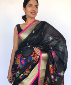 Black Cotton Silk Saree with Jamdani Weaves