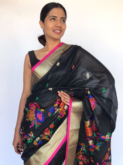 Black Cotton Silk Saree with Jamdani Weaves