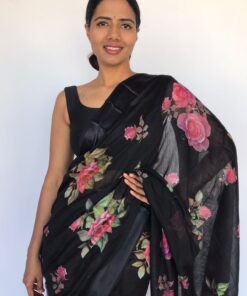 Printed Black Linen Cotton Saree