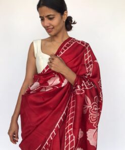 Red Pure Silk Saree with Hand Painted Florals