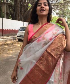 Pure Pale Grey Printed Organza Saree