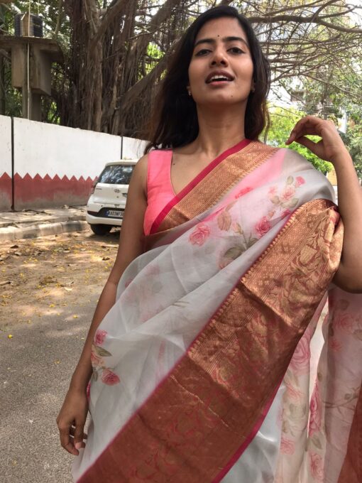 Pure Pale Grey Printed Organza Saree