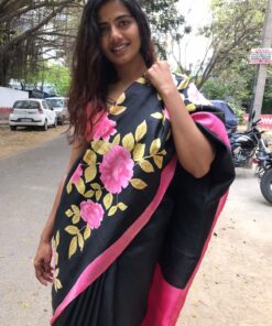 Black Pure Silk Saree with Hand Painted Florals