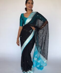 Black Chiffon Saree with Silver Zari Kadwa Motif