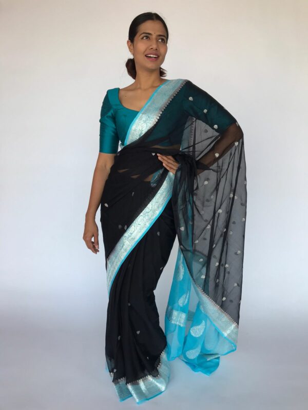 Black Chiffon Saree with Silver Zari Kadwa Motif