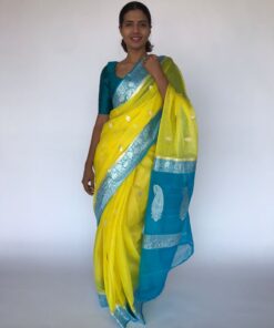 Lemon Yellow Chiffon Saree with Silver Zari Kadwa Motifs