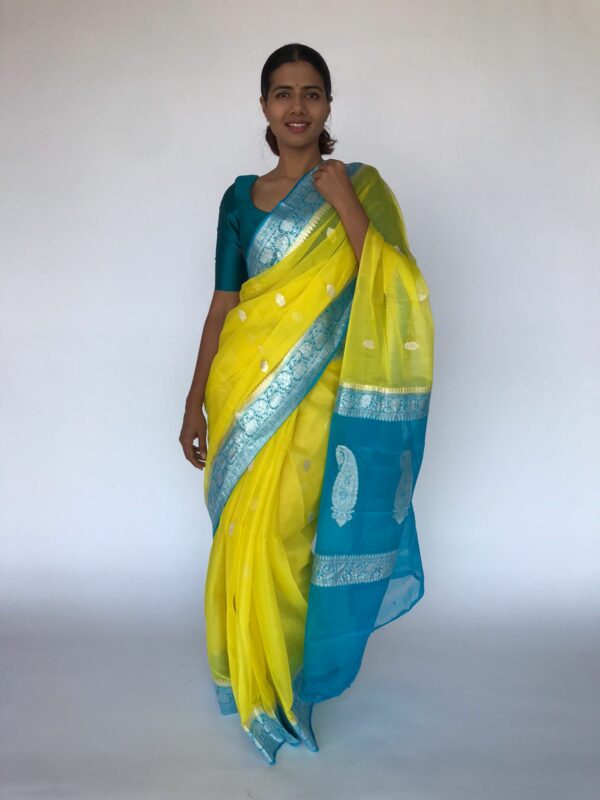 Lemon Yellow Chiffon Saree with Silver Zari Kadwa Motifs