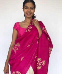 Block Printed Hot Pink Pure Silk Saree