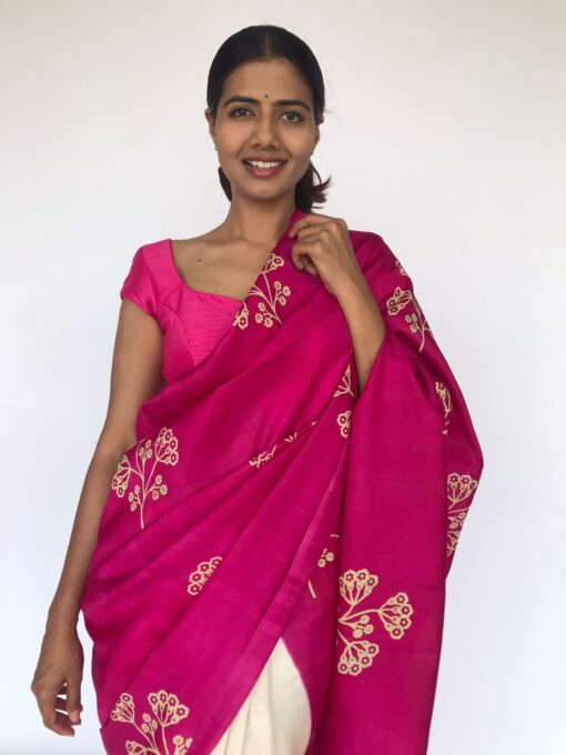 Block Printed Hot Pink Pure Silk Saree