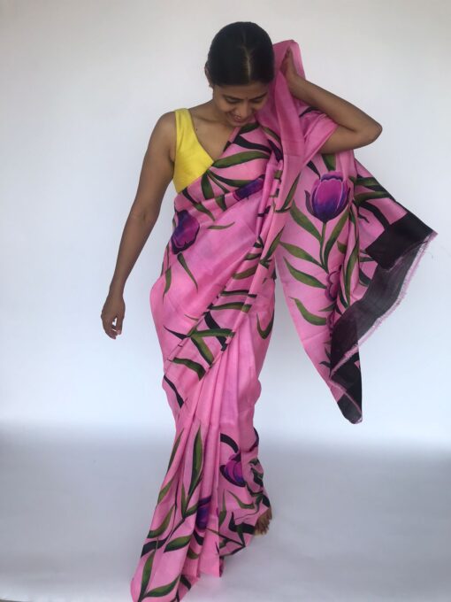 Hand Painted Creamy Pink Pure Silk Saree