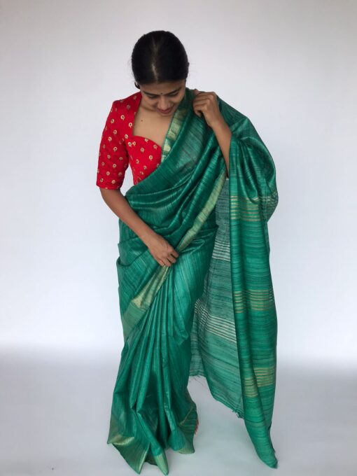 Teal Green Tussar Silk Saree