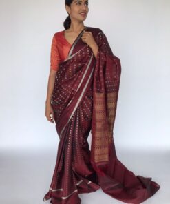 Brown Kanjivaram Silk Saree with Silver and Gold Zari Buttas