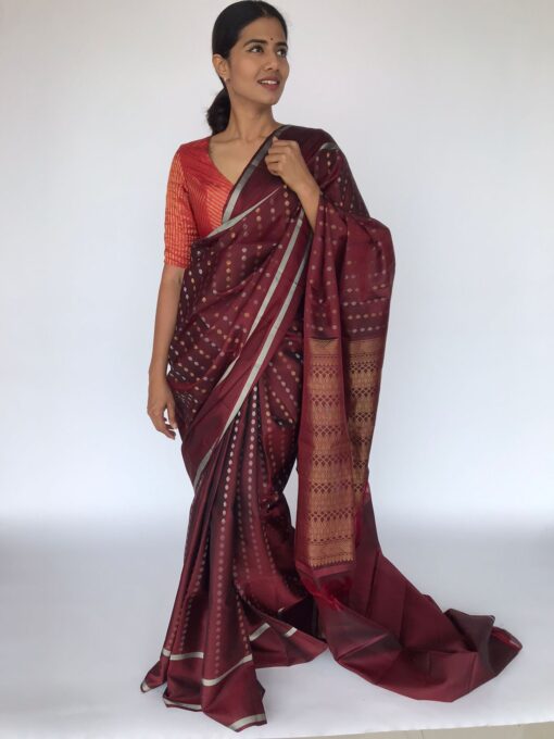 Brown Kanjivaram Silk Saree with Silver and Gold Zari Buttas