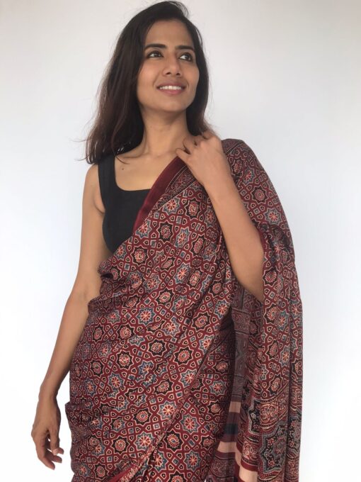 Maroon Pure Modal Silk Saree with Ajrakh Hand Block Prints