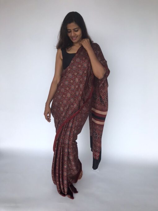 Maroon Pure Modal Silk Saree with Ajrakh Hand Block Prints