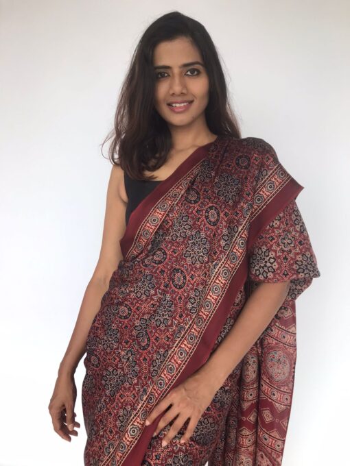 Maroon Pure Modal Silk Saree with Ajrakh Hand Block Prints