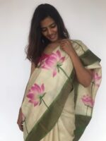 Ivory Handpainted Pure Tussar Silk Saree