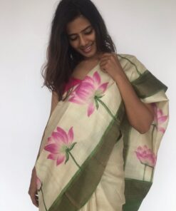 Ivory Handpainted Pure Tussar Silk Saree