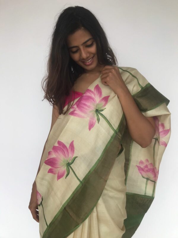 Ivory Handpainted Pure Tussar Silk Saree