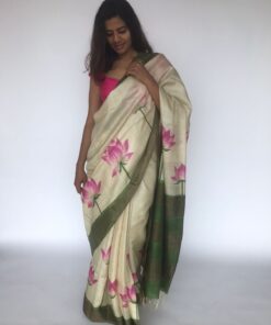 Ivory Handpainted Pure Tussar Silk Saree