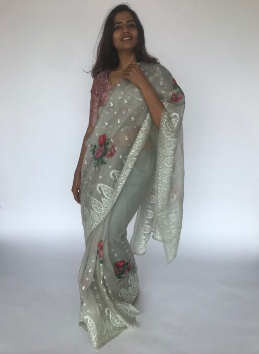 Sea Green Embroidered Pure Organza Silk Saree