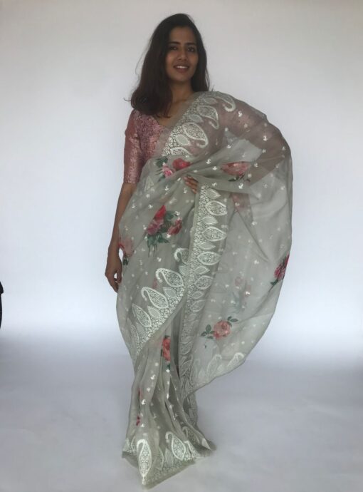 Sea Green Organza Silk Saree with Embroidery