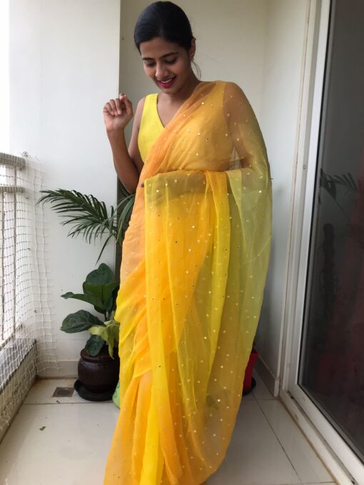 Ombre Yellow Chiffon Saree highlighted with Mirror Work