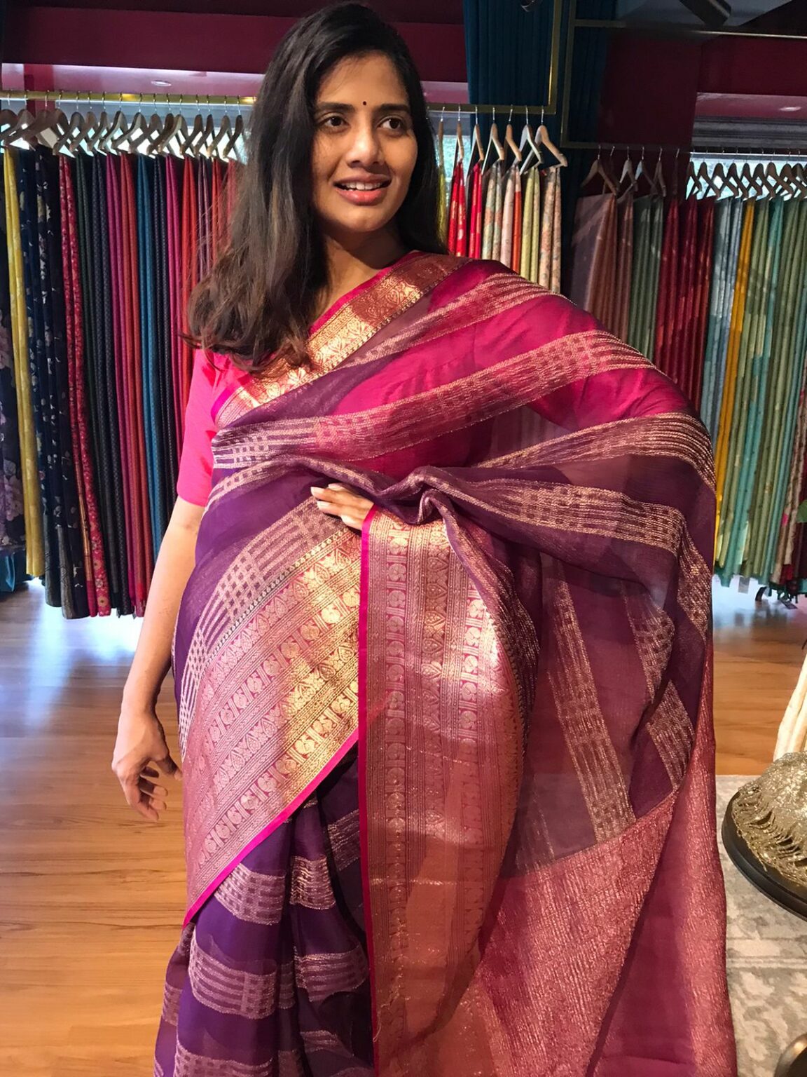 Wine Organza Silk Saree Highlighted With Kanchi Zari Border Mirra Clothing 0441