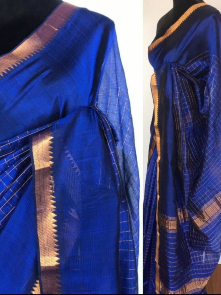 Royal Blue Mangalagiri Silk Saree with Gold Zari Checks - Mirra Clothing