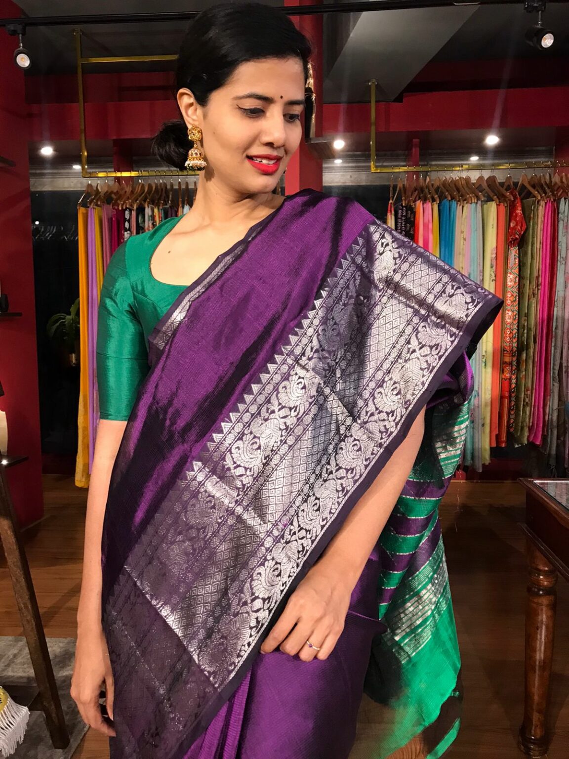 Purple Mangalagiri Silk Saree Handwoven with Silver Zari Border - Mirra ...