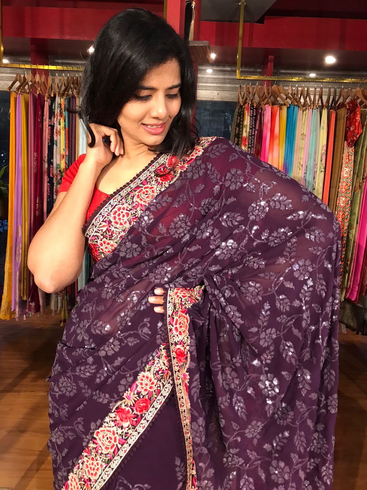 Beautiful Georgette Ready to Wear Saree, Modern Stitched Saree, Wine Pre  Stitch Sari, Ready to Wear Sarees for Women, Saree for USA -  Norway