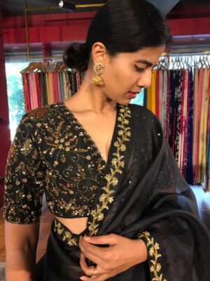 black raw silk blouse with intricate embroidery mirra clothing