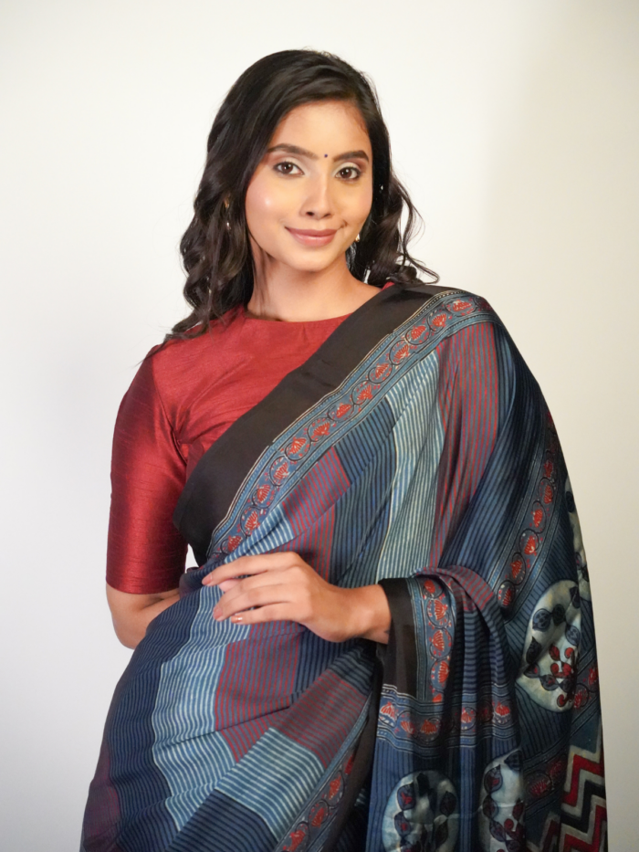 Ajarkh printed soft modal silk saree by Mirra Clothing
