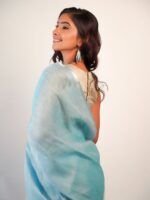 Pastel shade linen saree by Mirra clothing.