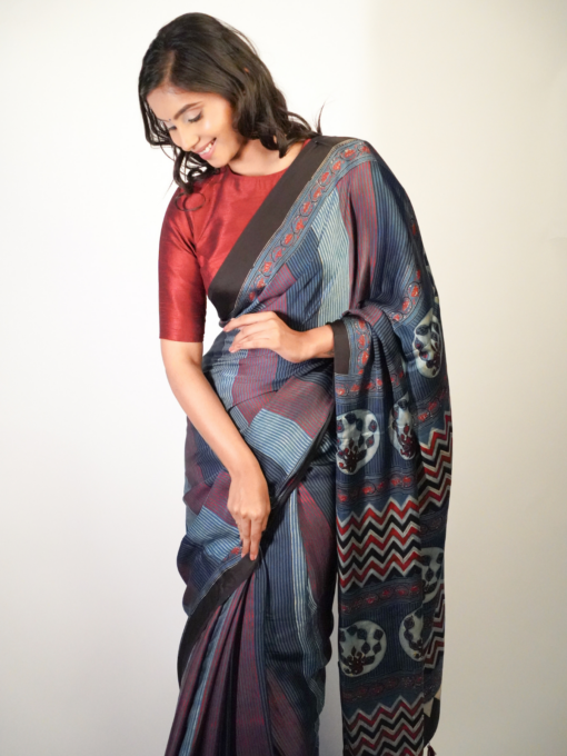 Printed stripes Ajrakh saree by Mirra Clothing