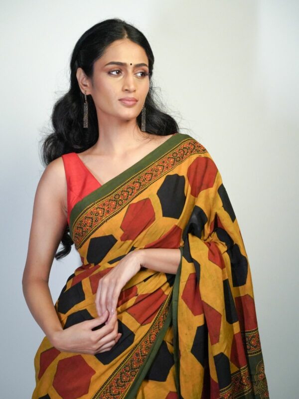 Ajrakh Printed Cotton Saree by Mirra Clothing